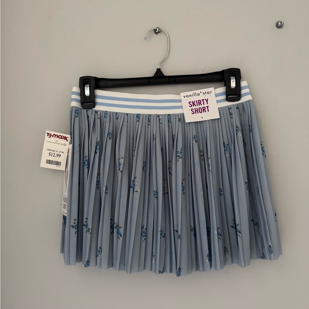 Blue Pleated Skirt with Floral Pattern